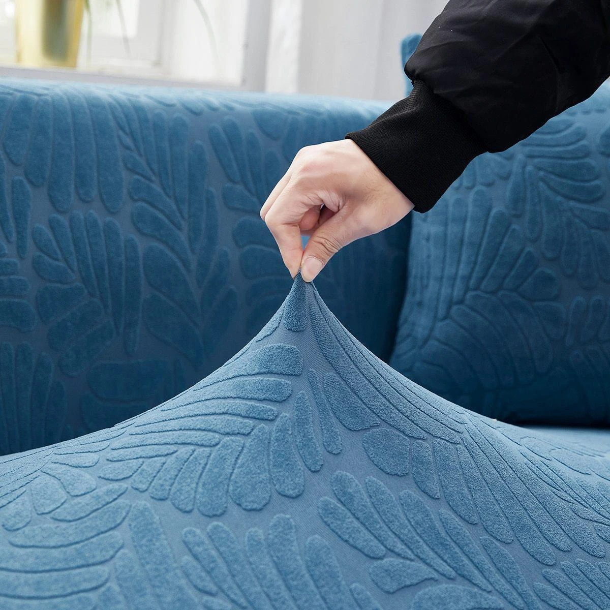 Housse De Canapé D'Angle Extensible Velours Bleu 2 Housse De Canapé D'Angle Extensible Velours Bleu – Image 2