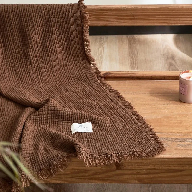 Plaid Canapé Gaze De Coton Marron 4 Plaid Canapé Gaze De Coton Marron – Image 4